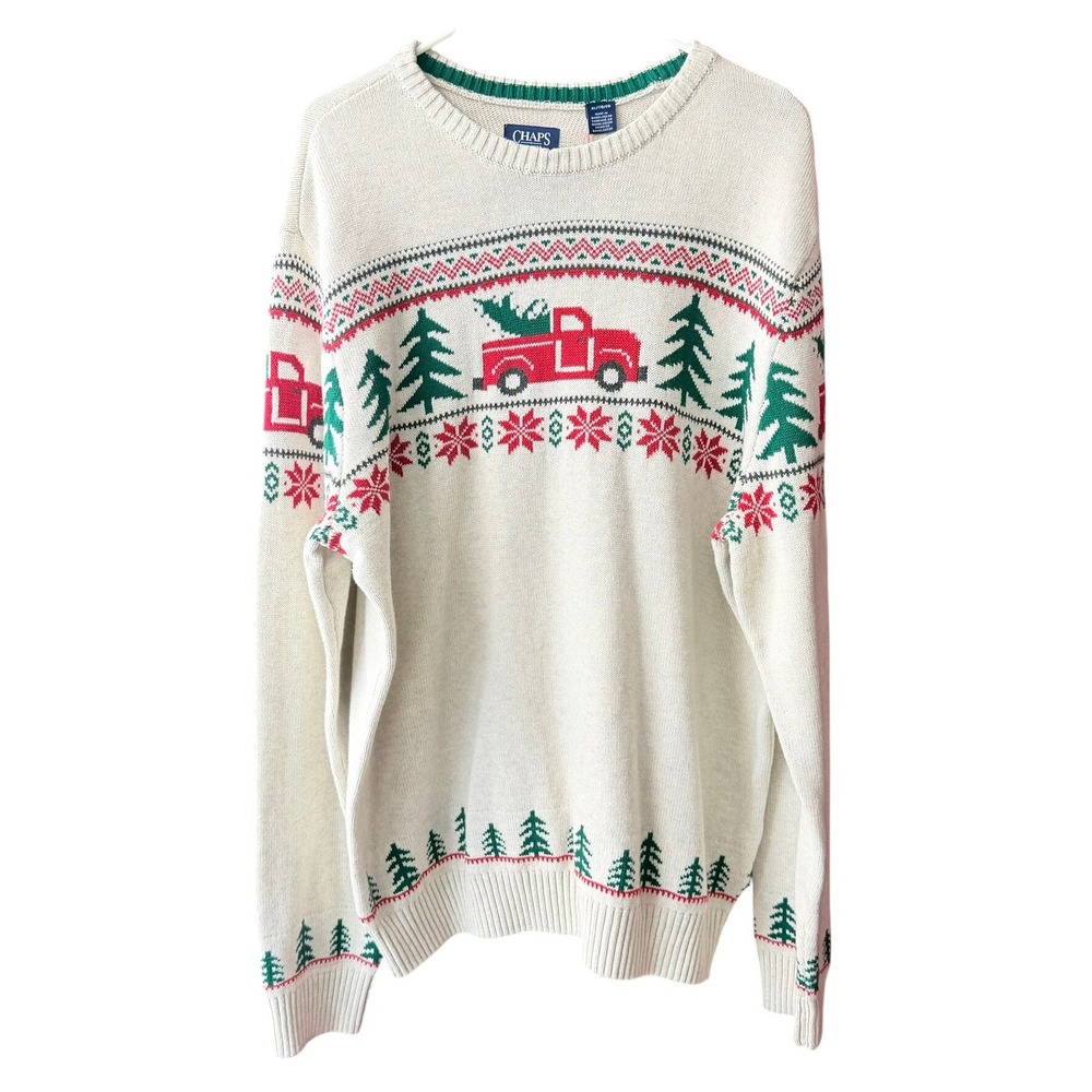 Chaps Mens XL‎ Christmas Sweater Red Truck Tree Fair Isle Cream Holiday Pullover